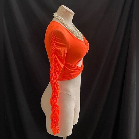 Vibrant Neon Orange Mesh Cutout Crop Top - Bold & Eye-Catching! - Picture 2 of 3